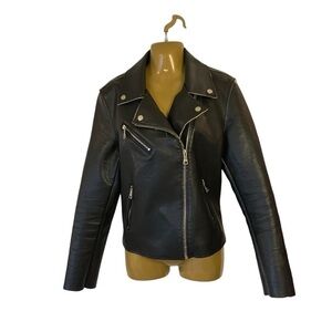 New Vigoss black vegan Moto motorcycle jacket zip pockets & sleeve snap collar L